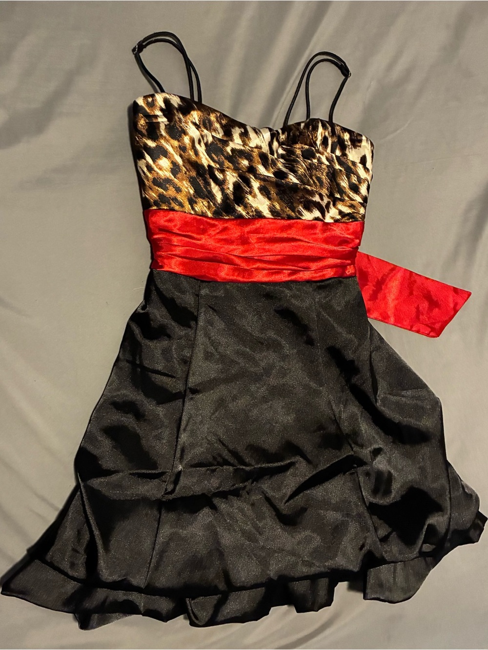 Speechless Leopard Bust Mini Dress with Red Sash and Black Skirt